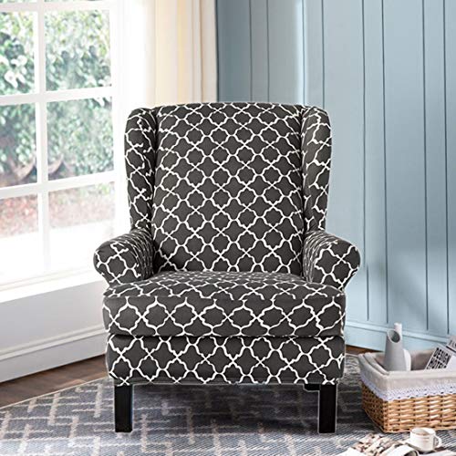 YUENA CARE Wing Chair Cover Printing Spandex High Stretch Slipcovers for Wingback Chairs Slip Resistant 2 Pieces Arms Printing Fabric Furniture Protector Gray One Size - Thumbnail 4