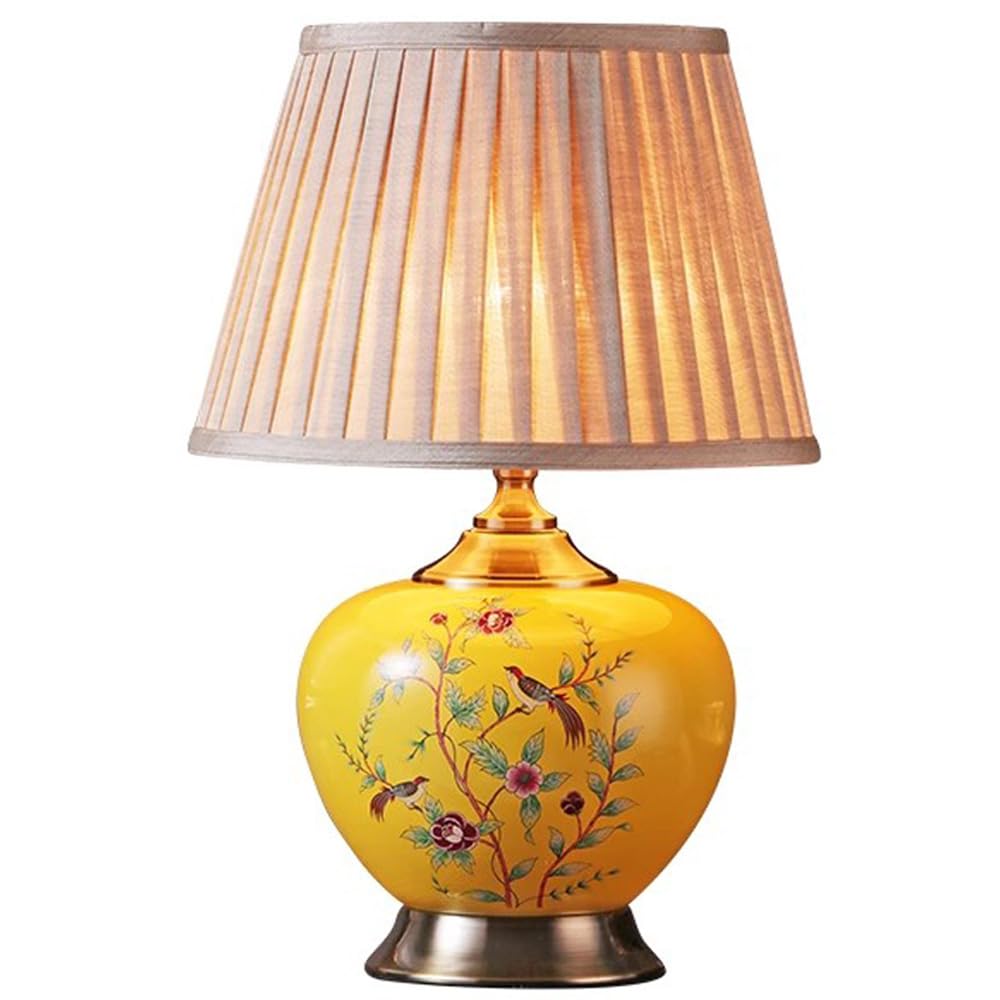 SANBDDLYY Chinoiserie Yellow Ceramic Table Lamp Pleated Shade - Desk for Bedroom, Living Room, Home Office & Reading