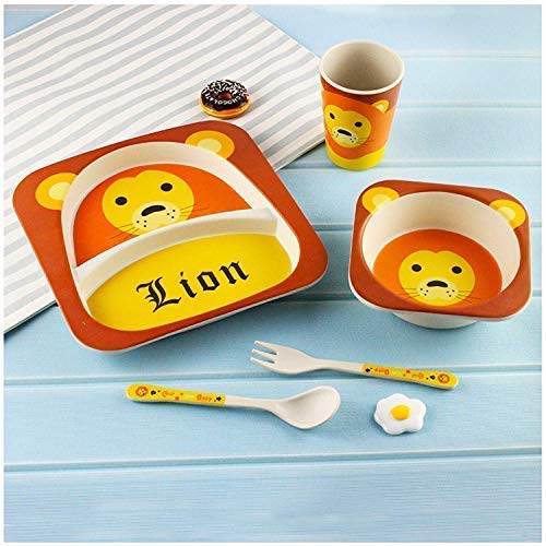 Munchkin Land ECO-Friendly Bamboo Fiber 5Pcs Plate, Bowl, Cup, Spoon and Fork Cartoon Animal Kids Dinner Food Set Assorted Colours and Designs