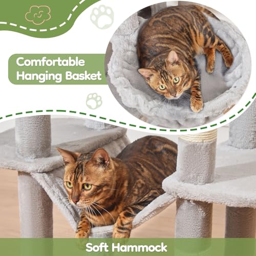 Image of Taoqimiao MS042W Cat Tree,66-inch Large Cat Tower with Scratching Posts, Luxurious Large Platform for Big Cats with Soft Hammock, Adjustable Basket, Deluxe Cat Cando, Top Perch Light Gray