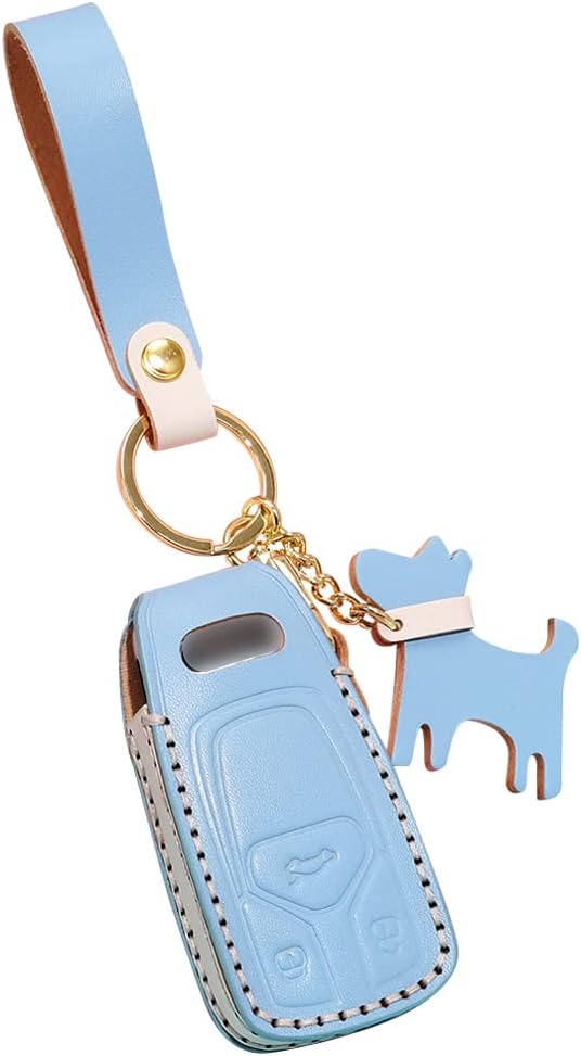 ontto for Audi Key Fob Cover Smart Remote Control Key Case with Keychain Leather Key Shell Fit for Audi A8 A6 A7 Q8 Q7 C8 E-Tron 2020 (Sky Blue)