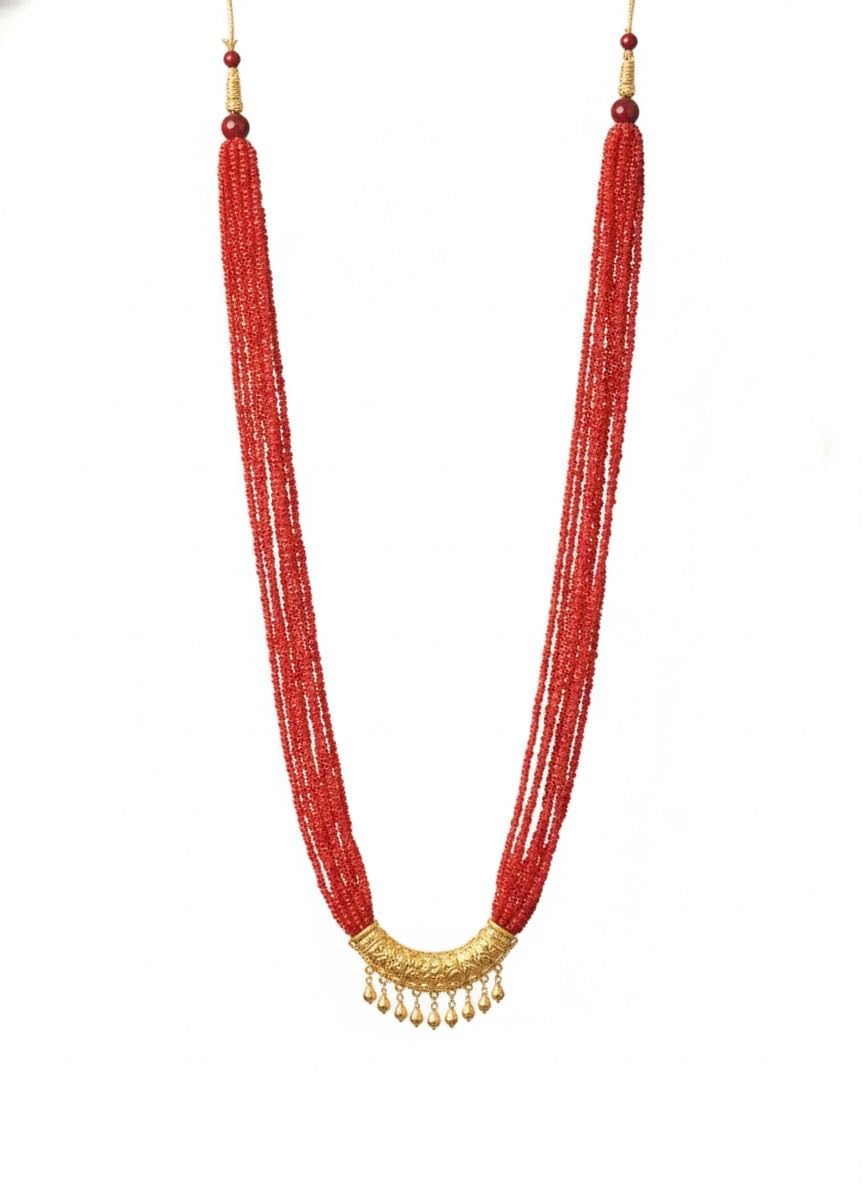 Traditional Nepali Red Hydro Round Pote Mala, Multi-Strand Seed Bead Necklace in Red with Gold Accents, Ethnic Statement Jewelry for Women-image-27