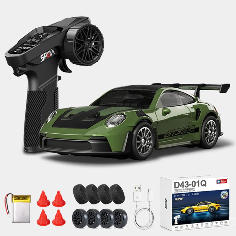 1/43 Mini RC Drift Car, 2.4G Vollproportionales Elektrisches Racing Auto mit LED-Lichtern, Hochgeschwindigkeits-Driftfahrzeug für Indoor/Outdoor(Q9/Dunkelgrün/D43-01)