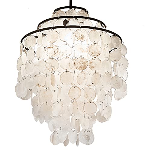 Poserion 3-Light Natural Capiz Shells Round Chandelier Modern Beach Theme Pendant Lamp Ceiling Hanging Fixture For Dining Room Dining Table, Bedroom, Kitchen, Black Painted, D16 X H20 #TOP2