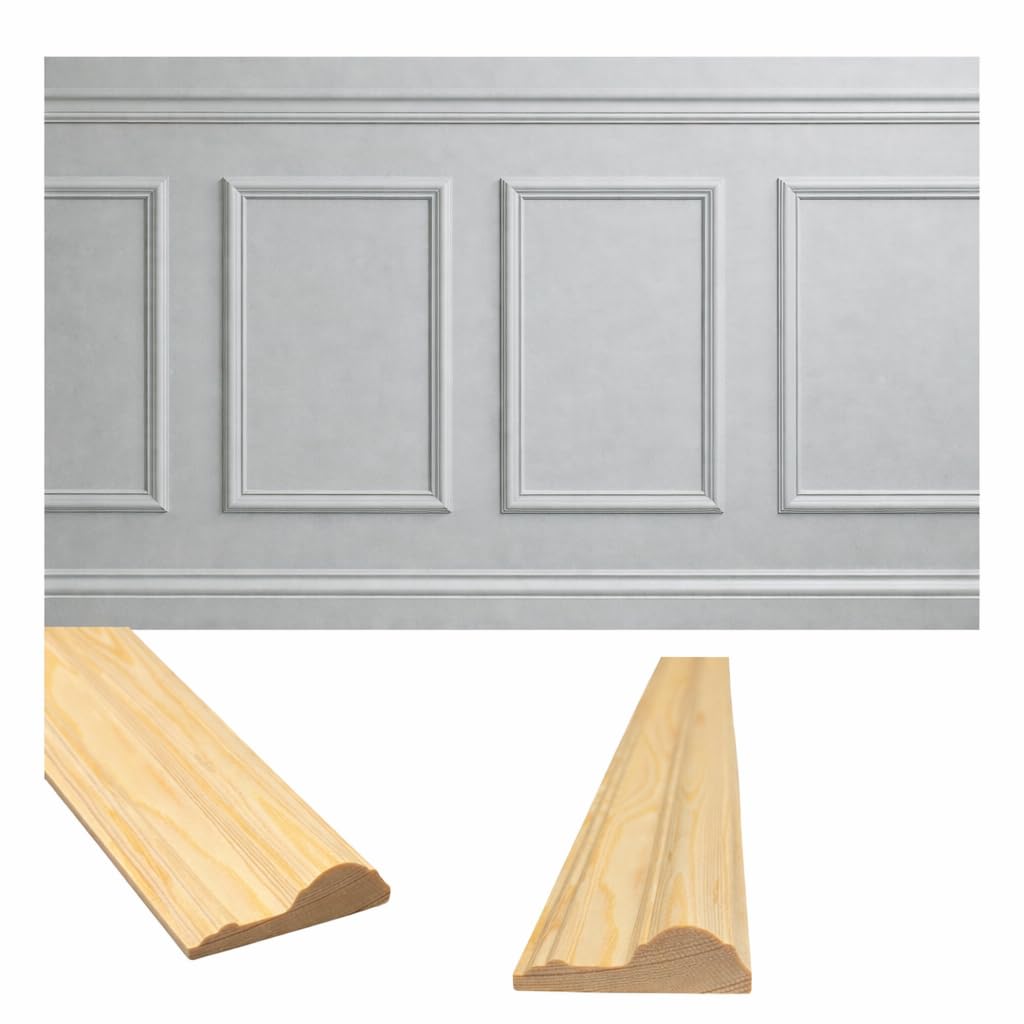 Woodica Pre-Cut Pine Dado Rail Moulding 1m x 63mm x 25mm – Solid Wood Decorative Wall Panelling Trim for Wainscoting & Feature Walls, Paintable & Stainable (8)