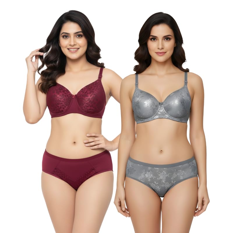 omyra Women Floral Bra & Panty Set | Non Padded Wire Free Lingerie Set | Innerwear Combo | Soft Stretch Bralette with Matching Panties | Comfortable Bra Set-picture-37
