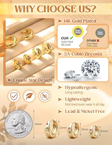 14K Gold Plated Hoop Earrings Set for Women - 3Pairs Chunky 14K Gold Plated Silver Huggie Earrings Small Earrings Lightweight Hypoallergenic MultiColored CZ Hoop Earrings Stacks for Multiple Piercing3