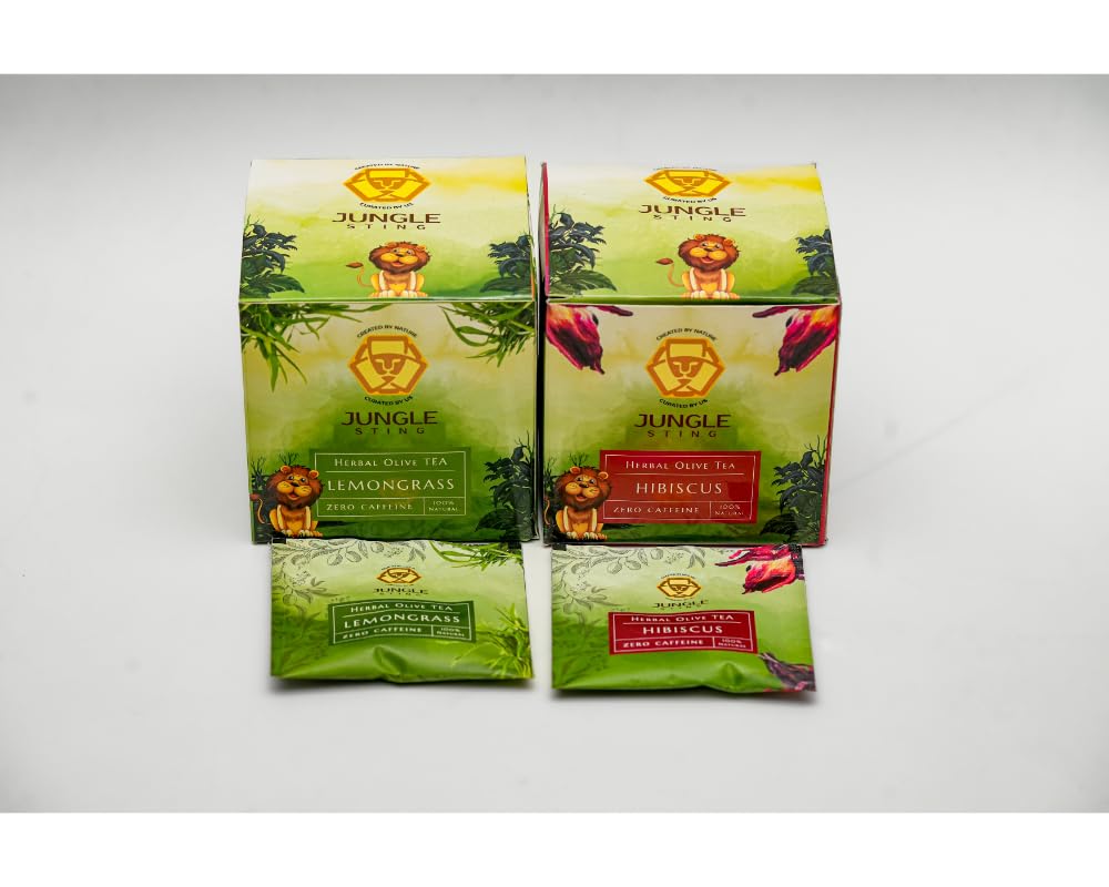 Jungle Sting Herbal Olive Tea Caffein Free 2X Anti-Oxidants Than Green Tea Zero Caffeine, Calming-Stress Relieving Tea, Instant Tea 2 Gram's 10 Sachets (Hibiscus & Lemongrass Flavored Tea)