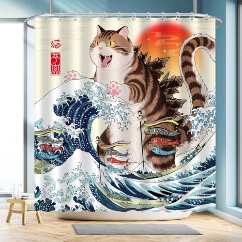 Image of Funny Chubby Cat Monster Shower Curtain Set, Japanese Anime Sunset Ocean Waves Home Bathroom Decor, Polyester Cloth Fabric Bath Curtain with 12 Hooks 72 inch W x 72 inch L