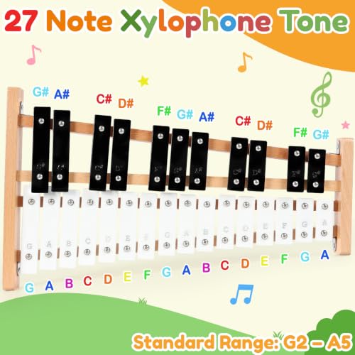 Image of lotmusic Xylophone for Kids, Glockenspiel Xylophone 27 Note Percussion Kit Musical Instruments with Soogbook & Carry Bag for Toddlers Adults, Birthday Educational Gift Metal Keys (White & Black)