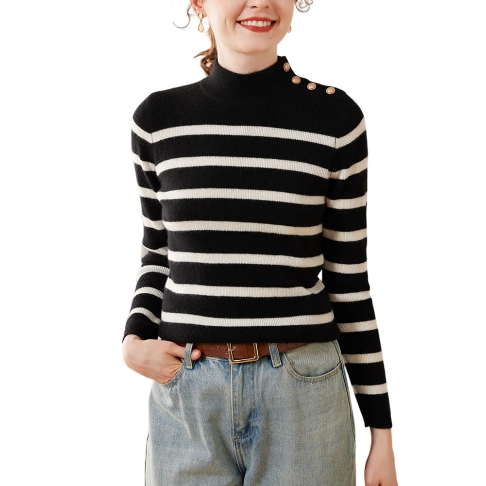 E-girl SPR2334 - Maglione da donna 95% cashmere con colletto alto, a maniche lunghe, in lana di cachemire a righe, sottile