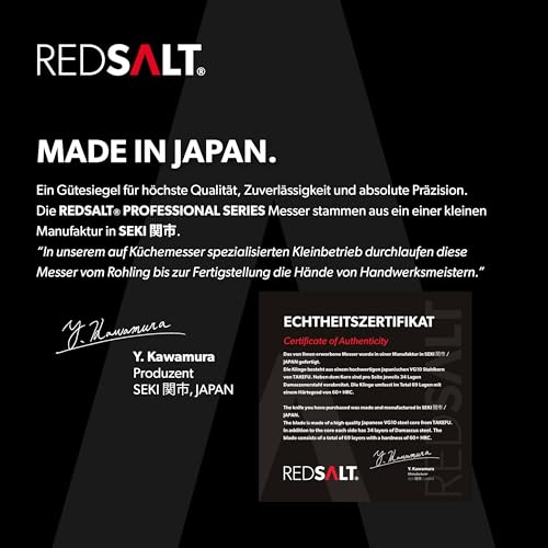 REDSALT® Professional Series GYUTO 牛刀 21cm Damaststahl 69 Lagen Chefmesser handgefertigt in Japan | Profi Kochmesser & Ledertasche | Damast Hammerschlag Klinge | Damastmesser Küchenmesser