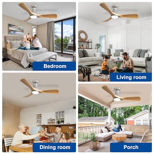 Image of Depuley 42-Inch Ceiling Fans with Lights: Wood 3 Blade Flush Mount Low Profile Ceiling Fan for Bedroom - Dimmable Indoor Outdoor Fan with Remote Control Ultra Quiet DC Motor Timer