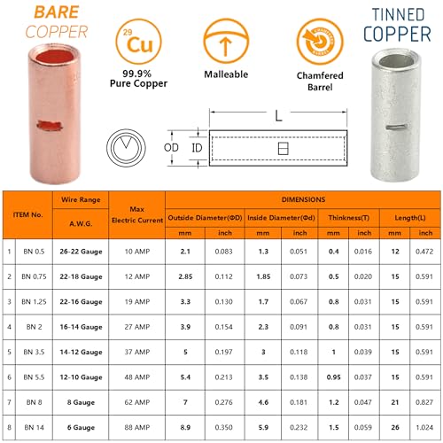 Svaar BN380P 380Pcs Non Insulated Butt Connectors Kit Butt Splice Connectors Non-Insulated Wire Splice Connectors thumb #4