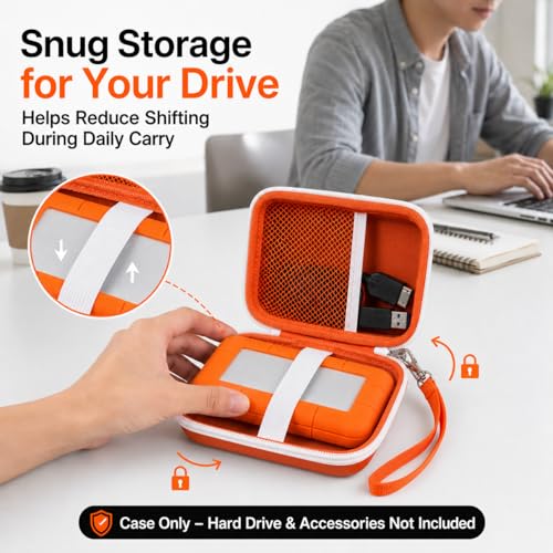Image of ALKOO Case for LaCie Rugged Mini 1TB /2TB /4TB /5TB External Hard Drive | Portable HDD Holder, Cable Pocket, SD Card Storage, for Photographers, Creators, Students, Office,Travel,Case Only,Tangerine