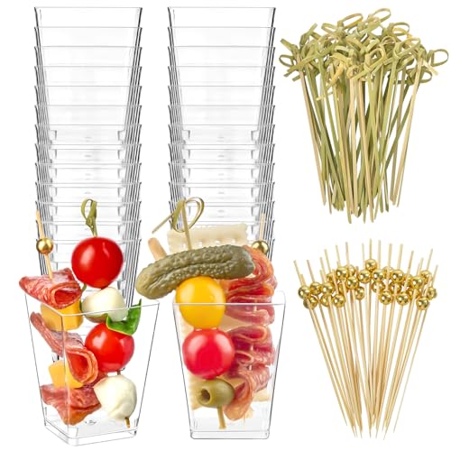 Zezzxu 50 Sets 5 oz Plastic Charcuterie Cups with 100 Sticks, Square Appetizer Cups with Cocktail Picks Mini Party Serving Cups for Fruit, Snack, Dessert