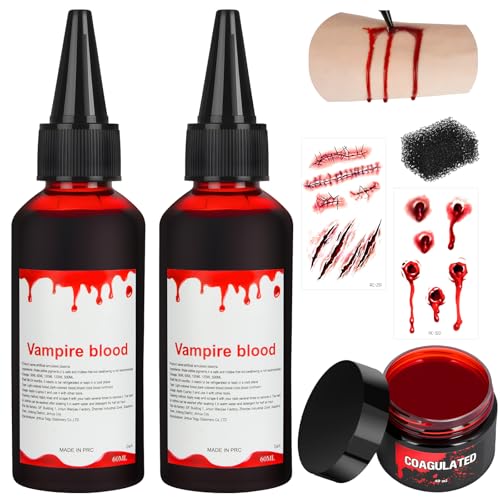 Alaoo Set Sangre Falsa,6 PCS Profesional Realista Sangre Falsa con Esponja,Gel Sangre Falsa Lavable,Cicatrices Pegatinas,para Halloween Escenario Vestir,Maquillaje Zombie Vampiro Fake Blood(60ML)