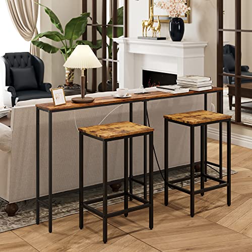 Image of Masupu 63 Inch Console Table with Power Outlet,Modern Narrow Long Sofa Table Behind Couch,Skinny Entry Table with Gold Metal Frame for Entryway,Living Room, Hallway,Rustic Brown