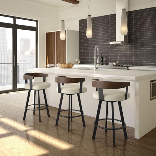 Image of Amisco Lars 26 inch Swivel Counter Height Barstool, Upholstered Stool with Solid Wood Back and Arms for Kitchen Island or Bar, Drees Stool, Cream Boucle Polyester /Brown Wood /Black Metal