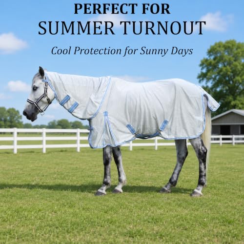 Image of Horse Fly Sheet with Detachable Neck, Maximum Airflow Breathable Open Weave Mesh for Hot Weather, Anti-Rub Comfort, 65% UV Protection, Cool Summer Sheet for Pasture & Barn Silvergrey 72