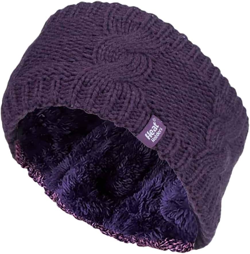 Heat Holders - Ladies Thick Cable Knitted Fleece Lined Thermal Winter Empty Skull Ear Warmer Headband (One Size, Purple)