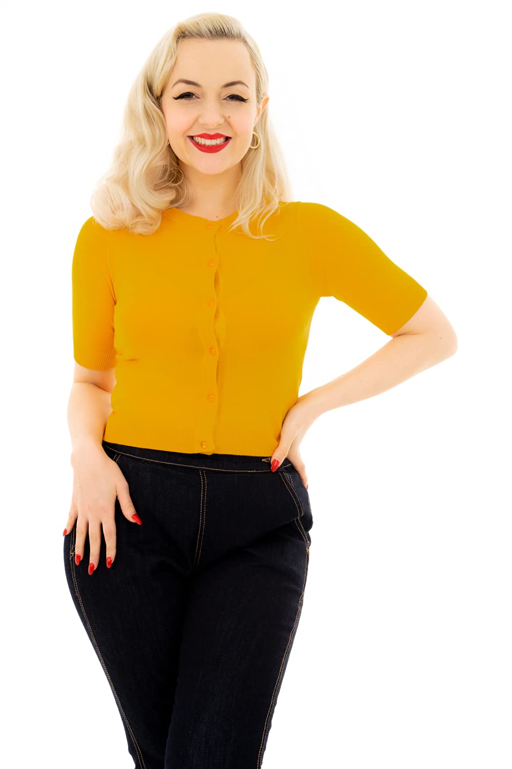 Ro Rox Imogen 1950's Rockabilly Knit Top Vintage Knitted Short Sleeve Cardigan Mustard Yellow