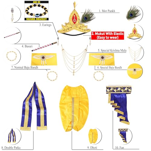 Image of Krishna Dress for Kids, Baby Krishna Dress for Janmashtami with Krishna Mukut, Peacock Feather & Flute Embroidered Krishna Costume for Girl & Boy, 3 Months-8 Years