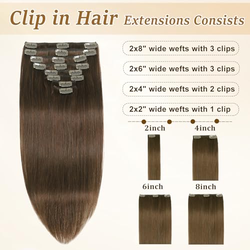 Image of Human Hair Clip in Extensions, Real Hair Extensions Clip in Human Hair | Remy, Silky, Seamless, Clip in Hair Extensions Real Hair Extenisons, Invisible, Volume, No Tangle, Double Weft, 8PCS, 120g