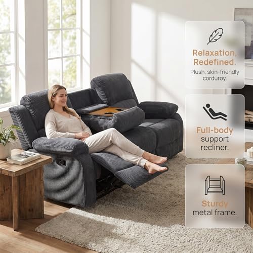 Image of Corduroy Power Recliner Sofa Set, Corduroy Recliner Couch Sets with Multi Angle Reclining, 3 Piece Sectional Sofa with USB Charging Port for Home Theater, Living Room, Office, Dark Gray