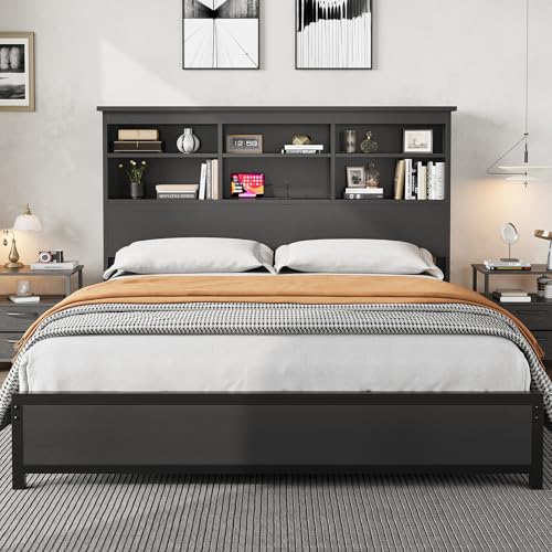 Full Size Bed Frame with Bookcase Headboard, Tall Wooden Bed Headboard Frame with Type-c & USB Charging Station, Under Bed Storage Space, No Box Spring Needed, Black