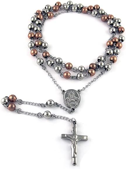 Savlano Stainless Steel Beaded Rosary Cross Necklace –6MM Crucifix Cross Medallion Rosary Chain Y-Necklace for Women & Men Religious Jewelry Comes in Silver, Gold, Rose, Black Color with a Gift Box - Image 2