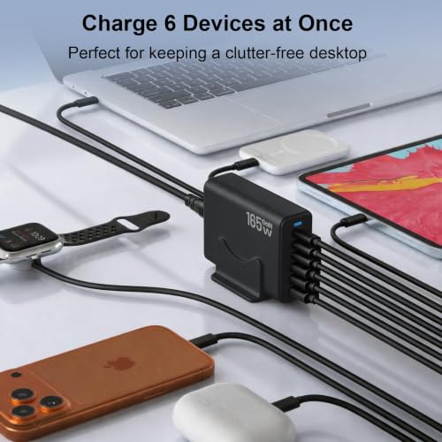 Image of 165W Charging Station, 6 Port Desktop Charger, 3 Ports 40W Black