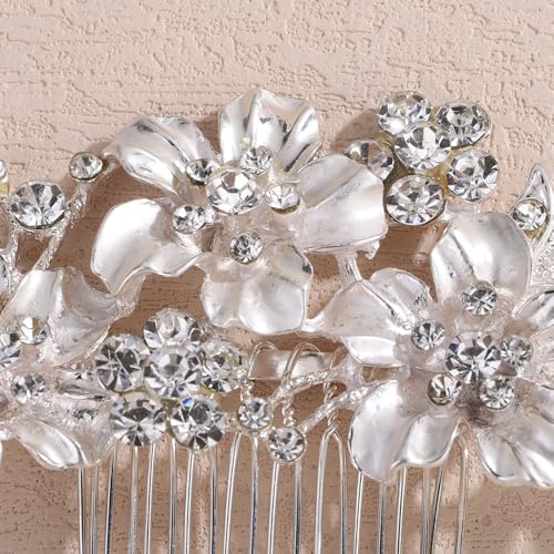 Peine para cabello con flores y strass plateado miniatura 5