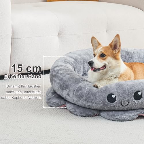 Jiupety süße, beruhigende Hundebetten für große und extra-Hunde, Angstpolster, Octopus-Form, Grau, XL, Boho, rundes Haustierbett mit abnehmbarer Katzenkissen