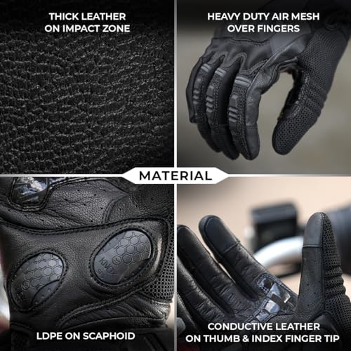 Image of ViaTerra Holeshot Pro - Semi Gauntlet Hybrid Riding Gloves |Goatskin Leather |Touchscreen, Knox SPS 303 Palm Protection with Handy Clip Motorcycle Gloves (Black, L)