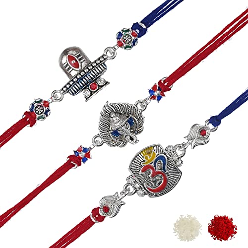 Image of eCraftIndia Set of 3 Multicolor Semi Precious Designer Rakhis for Brother Bhaiya Bhai | Roli Chawal Pack