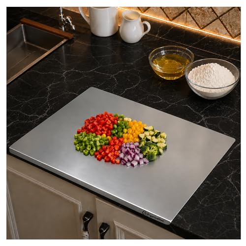 Image of OrganizeMee Premium (35.8 cm x30cm) Stainless Steel Chopping Board | Steel Kitchen countertop for Cutting, Vegetable Chopper, for Meat & Veggies Items, Chopping Board Steel pad (Medium Platform)