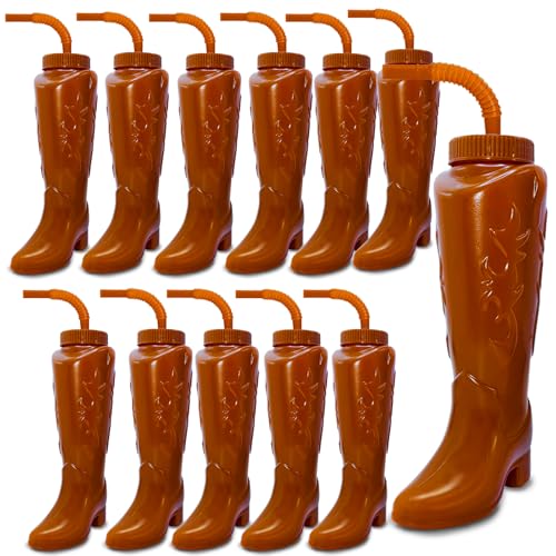 8HREST 12 Pcs Cowboy Boot Party Plastic Cups with Straws and Lids 12 Ounces Plastic Cowboy Cups for Western Themed Party Supplies and Rodeo Decorations (Brown)
