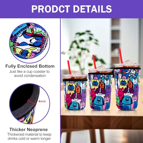 Desing Wish 3 Pack Reusable Iced Coffee Protective Sleeves Cup Insulator Neoprene Coffee Cup Cooler Sleeves Holders for 16-18oz/ 22-24oz/ 30-32oz Cold Drinks - Painting Daisy - Thumbnail 5