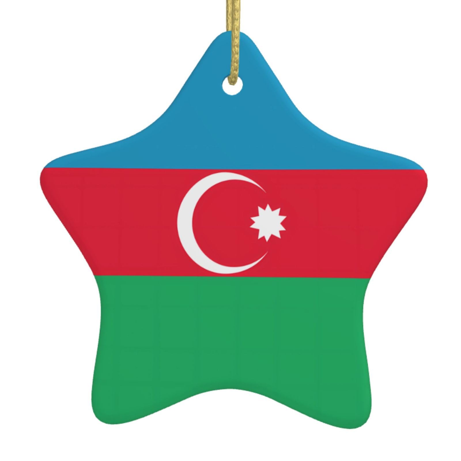 Flag of Azerbaijan Christmas Ceramic Star Pendant with Punched Holes and Gold Wire Rope, Christmas Tree Home Decoration