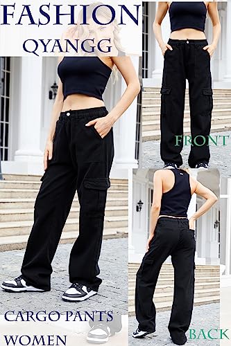 Qyangg High Waist Cargo Pants Women Stretch Baggy Cargo Pants Women Multiple Pockets Relaxed Fit Straight Wide Leg Y2K Pants Black #TOP3