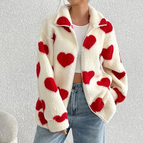 Valentinstag Damen Fleecejacke Fashion Herzen Drucken Plüschjacke Winter Langarm Reißverschluss Verdicken Bequem Oberbekleidung mit Taschen
