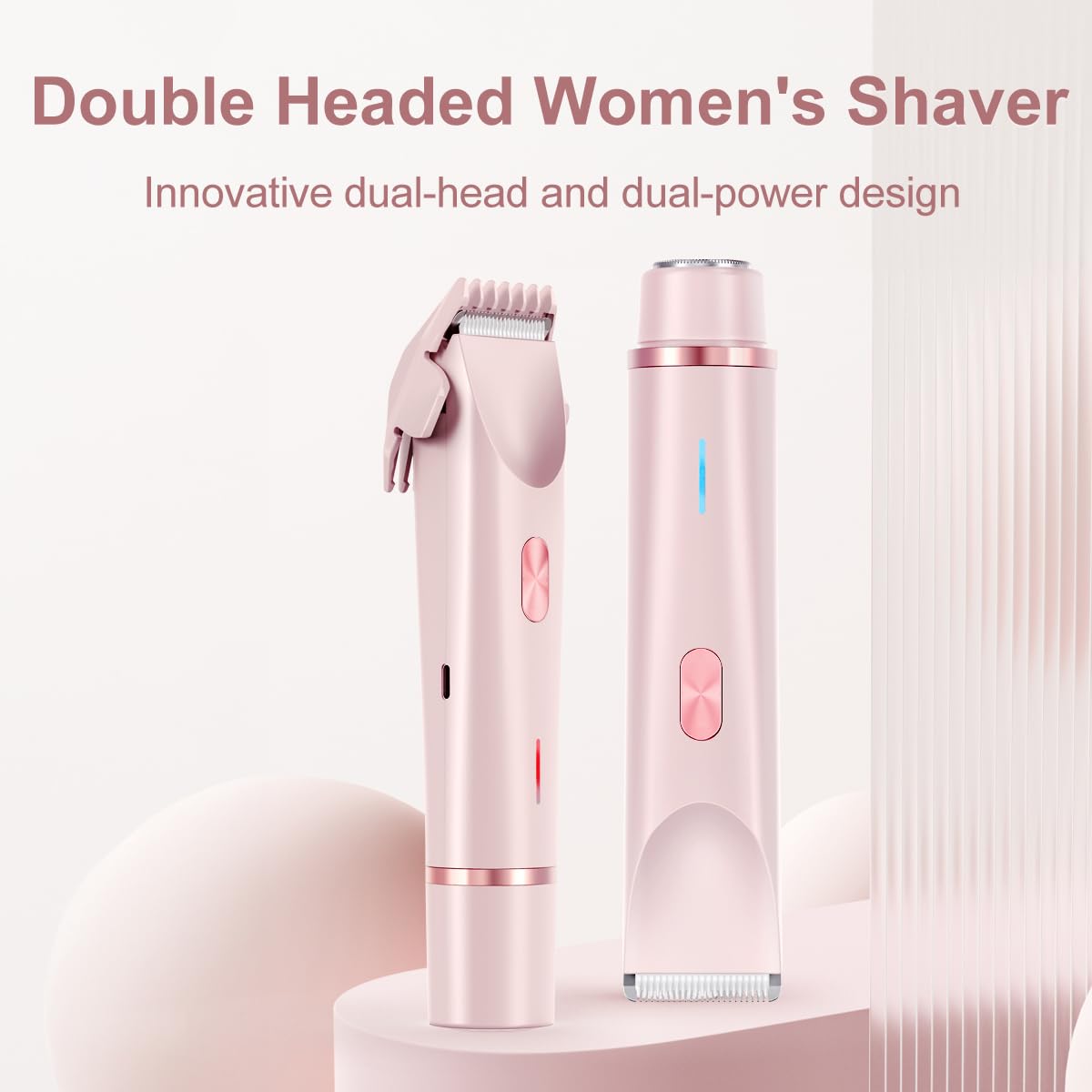 Rasoir électrique 2 en 1 pour femme - Design double tête IPX7 - Étanche - Utilisation humide et sèche - Tondeuse pour le visage, les aisselles, les bras, le visage et les jambes (rose)