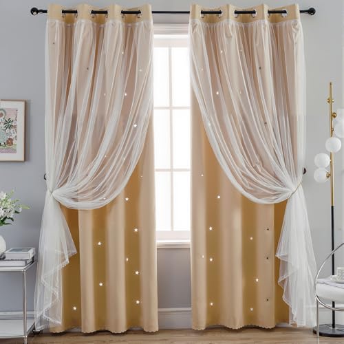 Catálogo para Comprar On-line Juegos de cortinas los 10 mejores. 44 BSMKD Cortinas Blackout con Aislamiento Térmico con Ojales en la Parte Superior, 2 Paneles,132 x 214 cm, Gota Doble Capa Estrella Recortada Decoración Cortinas con Voile,...