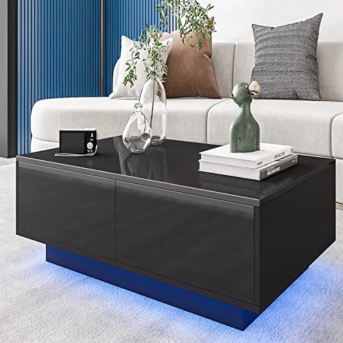 St.mandyu Led Coffee Table With Storage Drawers, Modern High Glossy Center Table With 20 Colors Led Lights For Living Room, Black #TOP2