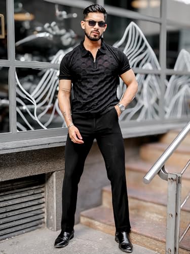 Image of Maniac || Mens || Solid Textured || Half Zip || Polo Neck || Half Sleeve || Cotton || T-Shirt
