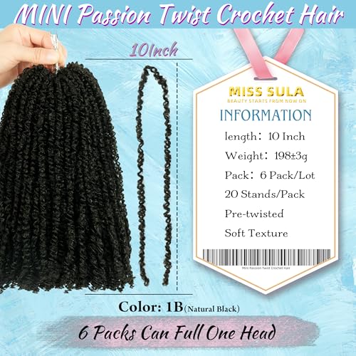 Mini Passion Twist Crochet Hair for Black Women-10 Inches 6 Packs Natural Black Pre Twisted Elastic and Cuttable Hair Extensions,Braided by Soft Synthetic Twist Bohemian Curl(10"-6P,1B)