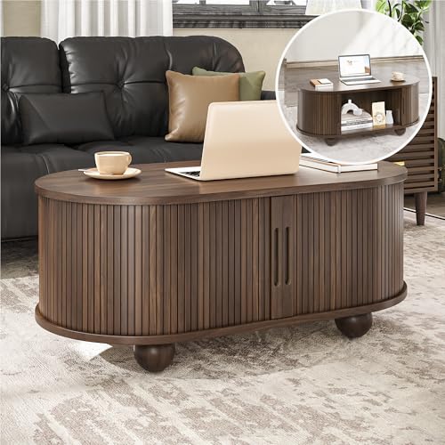 Alohappy Oval Coffee Table, Mid Century Modern Coffee Table with Sliding Tambour Doors, Fluted Center Table with Hidden Storage for Living Room, Dining Room, Apartment, Home Office, Walnut