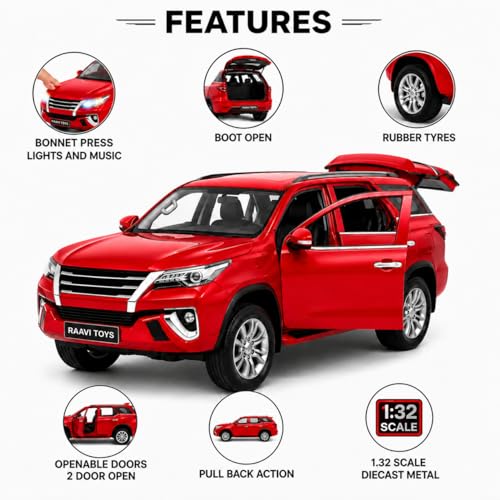 Image of Fortuner 1:32 Scale Die-Cast Pull Back Metal SUV Car | Openable Doors, Boot, Light & Musical Toy for Boys | Realistic Design with Smooth Action Premium Toy Car for Kids (Red)