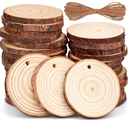30 Stück dekorative Holzscheiben 6-7 cm rund roh + 10 m natürliches Hanfseil für Weihnachtskarten DIY mit Loch Holz geeignet zum Schnitzen, Zeichnen